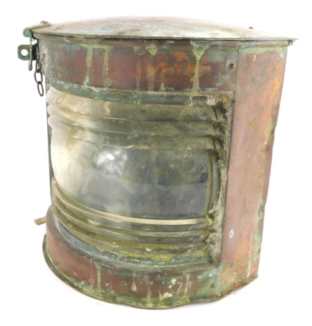 A copper corner mounted ships lantern, with moulded lens, (AF), 25cm high.