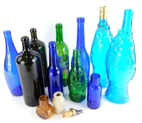 A quantity of bottles, to include a 19thC green glass wine bottle, another similar, etc.