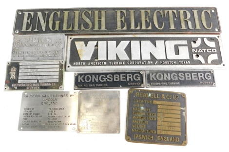 A collection of engineers plaques, to include Reavell and Co Limited, Kongsberg Gas turbines, Peerless, Natco Viking, and a larger plaque named English Electric.