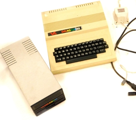 A Dragon 32 personal computer, with disc drive and adapter.