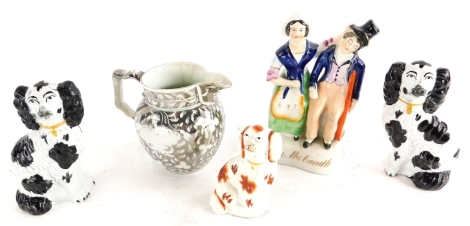 A 19thC Staffordshire figure group of Mr and Mrs Candle, a pair of Staffordshire black and white dogs, one stamped 6, a 19thC silver lustre jug, etc. (AF)