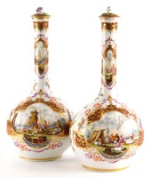 A pair of late 19th/early 20thC Dresden bottle shaped vases, each decorated with 18thC style scenes, within gilt and iron red cartouches, R marked to underside in blue, (AF), 33cm high.