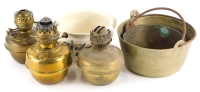 Miscellaneous bygones, to include two brass preserve pans with iron handles, three brass oil lamps and a chamber pot.