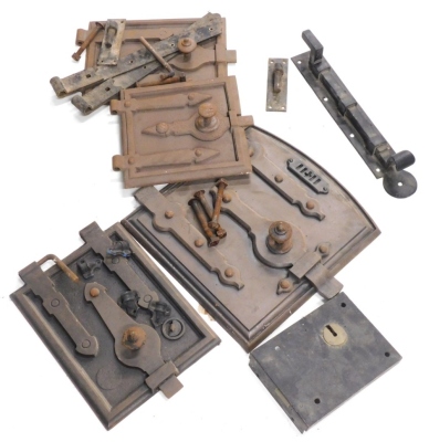 A collection of 19thC and later metalwork, to include a lock, four heavy metal doors possibly for bed ovens, a latch, and a pair of hinges.