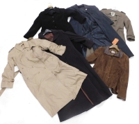 Various coats, to include a Four Seasons Mac, a Four Seasons black Mac, ladies Hobbs coat, John Lewis leather jacket, etc.