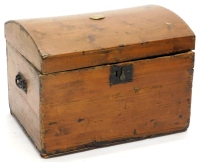 A stripped pine dome top trunk, with oval plaque bearing inscription Amy Thoume Bonar Guernsey, 61cm wide, top not attached.