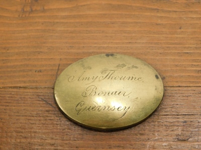 A stripped pine dome top trunk, with oval plaque bearing inscription Amy Thoume Bonar Guernsey, 61cm wide, top not attached. - 2