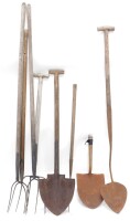 A collection of 19thC/early 20thC and later rustic tools, to include hay forks, shovels, etc. (AF)