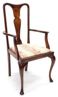 An oak and elm elbow chair, in Queen Anne style, with a solid splat, drop in seat on cabriole legs with pad feet.