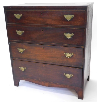 An early 19thC mahogany chest of drawers, with a crossbanded and ebony strung top, above four drawers each with brass handles, on bracket feet, 92cm wide.