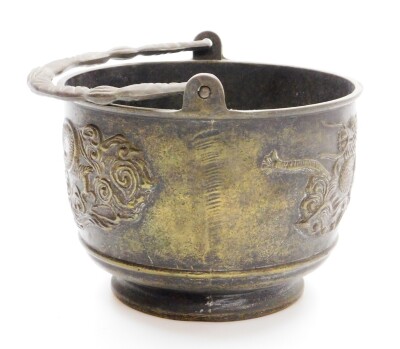 A Japanese bronze brazier with swing handle, low relief decoration of dragons among clouds, 30cm high. - 10