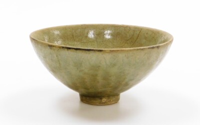 A Chinese longquan celadon bowl with lappet design to exterior, possibly Yuan dynasty, 15cm wide. - 6