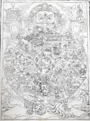 A Tibetan woodblock print on paper, of a Mandala depicting the circle of life, 65cm x 48cm, framed and glazed. - 4