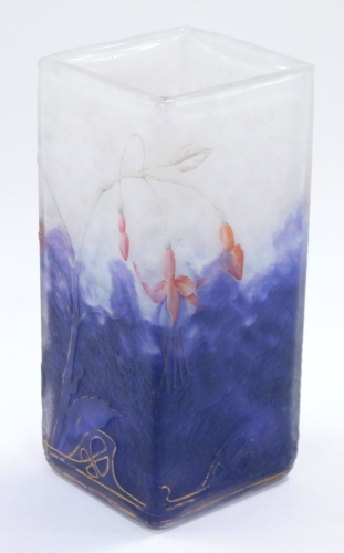 A Daum Nancy cameo glass vase, c1900, of square section, decorated with Fuchsias against a purple to white ground, gilt highlighted, gilt painted marks, 12cm high.