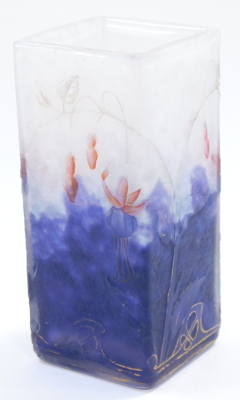 A Daum Nancy cameo glass vase, c1900, of square section, decorated with Fuchsias against a purple to white ground, gilt highlighted, gilt painted marks, 12cm high. - 2