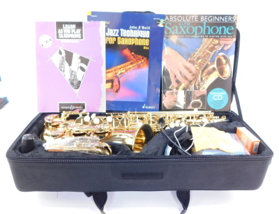 An Evette brass saxophone by Julius Keilwerth, with mother of pearl keys, serial no GEA60899, cased. - 5