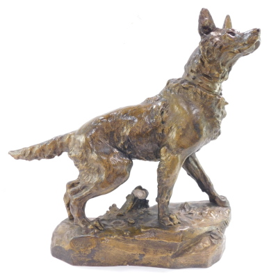 After Thomas Francois Cartier (French, 1879-1943). A bronze metal sculpture of a German Shepherd dog, modeled in standing pose on a naturalistic base, bears signature, 60cm wide. - 7