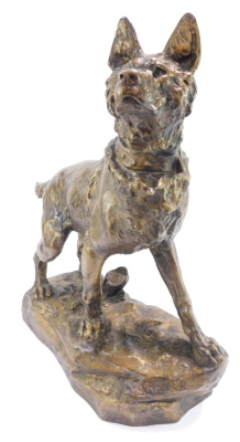 After Thomas Francois Cartier (French, 1879-1943). A bronze metal sculpture of a German Shepherd dog, modeled in standing pose on a naturalistic base, bears signature, 60cm wide. - 9