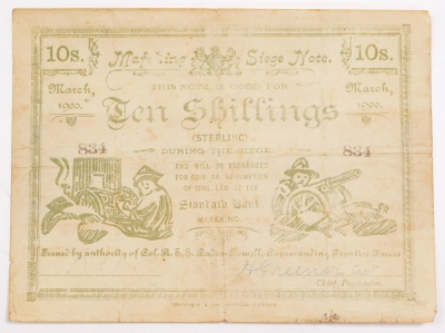 A Mafeking Ten Shillings Siege note, No 834., Standard Bank, signed by Captain H Greener, Chief Paymaster. - 3