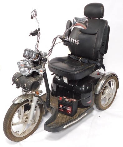 A Sportrider Mobility Scooter, black framed, three wheels, with battery.