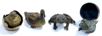 An Austrian early 20thC cold painted bronze figure of a duck, in the manner of Franz Bergman, stamped Geschutz and other indistinct marks, 8cm wide, together with a cold painted bronze figure of a frog, 6cm wide, a cold painted bronze figure of a chick em