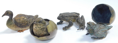 An Austrian early 20thC cold painted bronze figure of a duck, in the manner of Franz Bergman, stamped Geschutz and other indistinct marks, 8cm wide, together with a cold painted bronze figure of a frog, 6cm wide, a cold painted bronze figure of a chick em - 2