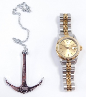 A Tudor Princess Oyster Date lady's bi-colour wristwatch, circular gilt dial with centre seconds, date aperture, rota self winding, on a bracelet strap, with 200 metre guarantee under water anchor pendant on chain, guarantee, booklet and pouch, cased and - 4