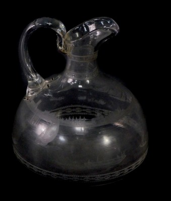 A 19thC engraved glass jug, possibly James Powell, Whitefriars, the body engraved with a sailing regatta, with paddle steamers and figures in rowing boats, classical buildings on the shoreline, 16cm high. (AF)