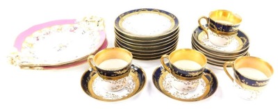 A pair of late 19thC porcelain dessert plates, possibly Coalport, painted with flowers against a pink ground, together with a German porcelain part coffee service, gilt decorated with leaves and blossom, gilt highlighted, comprising four coffee cups, eigh