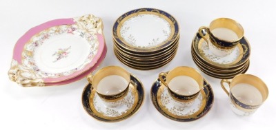 A pair of late 19thC porcelain dessert plates, possibly Coalport, painted with flowers against a pink ground, together with a German porcelain part coffee service, gilt decorated with leaves and blossom, gilt highlighted, comprising four coffee cups, eigh - 2