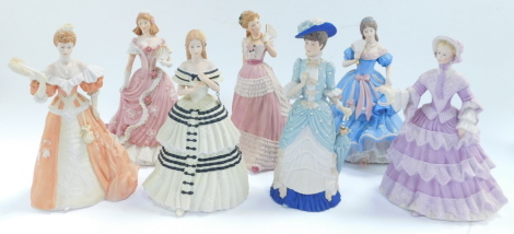 Seven Wedgwood porcelain figures, limited edition, for Spink., comprising The Coronation Ball., Christmas At Windsor., The Imperial Banquet., The Great Exhibition., The Royal Wedding., and The Golden Jubilee., together with a figure Enchanted Evening The 