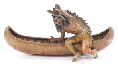 A Franz Bergman cold painted bronze model of a Native American Indian, seated in a canoe, impressed mark and numbered 3603 to underside, 26cm wide. - 2