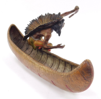 A Franz Bergman cold painted bronze model of a Native American Indian, seated in a canoe, impressed mark and numbered 3603 to underside, 26cm wide. - 4