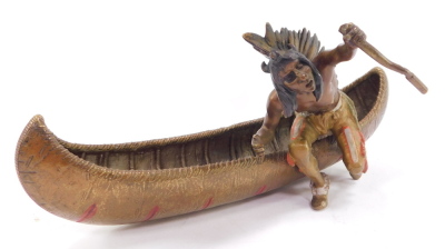 A Franz Bergman cold painted bronze model of a Native American Indian, seated in a canoe, impressed mark and numbered 3603 to underside, 26cm wide. - 5