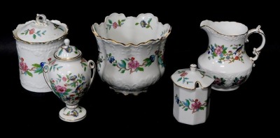 A group of Aynsley porcelain decorated in the Pembroke pattern, comprising a jardiniere, milk jug, twin handled baluster vase and cover, jar and cover, and a preserve pot and cover. (5)