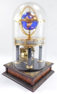 A Chinese brass and marble astrolabium clock, showing the globe and moon, cylindrical twenty four hour dial, raised on Doric columns, above a square mahogany base, with glass dome, 32cm high. - 3