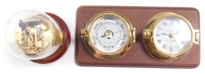 A Royal Mariner brass two dial wall clock and barometer, the clock with quartz movement, the case of porthole form on a wooden backing, 29cm wide., together with a Sewills barometer with thermometer and hygrometer, under a plastic dome, 17cm high. (2)