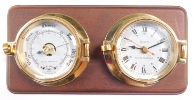 A Royal Mariner brass two dial wall clock and barometer, the clock with quartz movement, the case of porthole form on a wooden backing, 29cm wide., together with a Sewills barometer with thermometer and hygrometer, under a plastic dome, 17cm high. (2) - 4