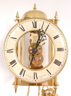 A Sewills of Liverpool brass cased skeleton lantern wall clock, circular dial with chapter ring bearing Roman numerals, single train movement with bell strike, and pendulum, No 701 - 781. - 3