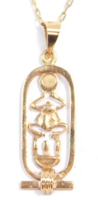 An Egyptian hieroglyph pendant, yellow metal, on a belcher link neck chain, stamped 585, 4.2g all in.