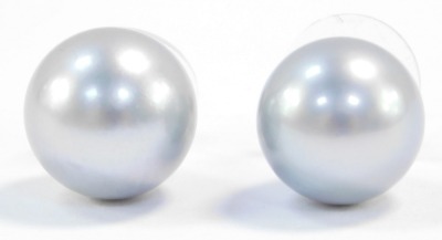 A pair of silver Tahitian cultured pearl earrings, set in yellow metal, stamped 14k, approximately 10mm diameter.