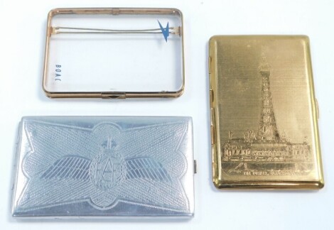 A BOAC Perspex and brass framed cigarette case, 11cm high., a brass cigarette case engraved with the tower, Blackpool., and a Canadian Royal Air Force metal cigarette case, engraved with the CRAF wings, verso initials OM. (3)