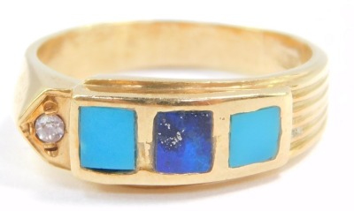 An Egyptian turquoise lapis lazuli and diamond ring, set in an abstract yellow metal shank, size R, 5.2g.