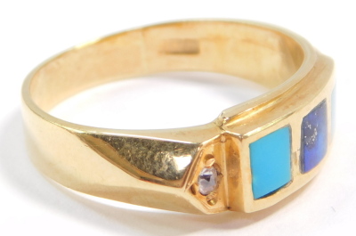 An Egyptian turquoise lapis lazuli and diamond ring, set in an abstract yellow metal shank, size R, 5.2g. - 2