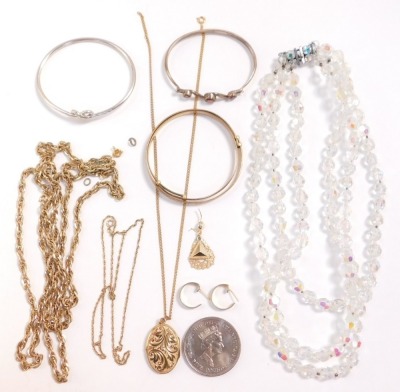 Silver and costume jewellery, including bangles, crystal necklace, earrings and a Commemorative crown.