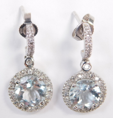 A pair of aquamarine and diamond earrings, in a circular drop and loop design, in white metal stamped 585. - 2