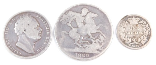 A George IV silver crown 1822, a William IV half crown 1836 and a shilling 1835. (3)