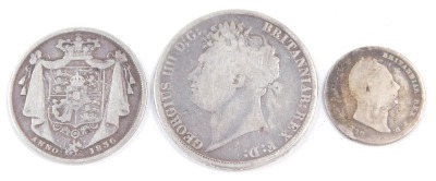 A George IV silver crown 1822, a William IV half crown 1836 and a shilling 1835. (3) - 2