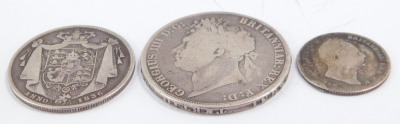 A George IV silver crown 1822, a William IV half crown 1836 and a shilling 1835. (3) - 3