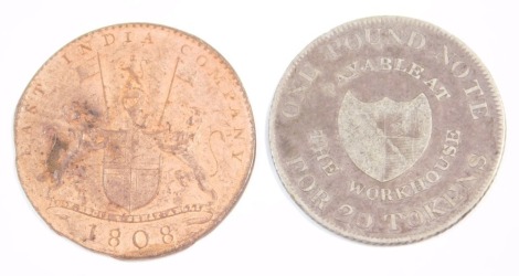 A Birmingham silver one shilling token 1811, together with an East India Company ex cash coin 1808. (2)